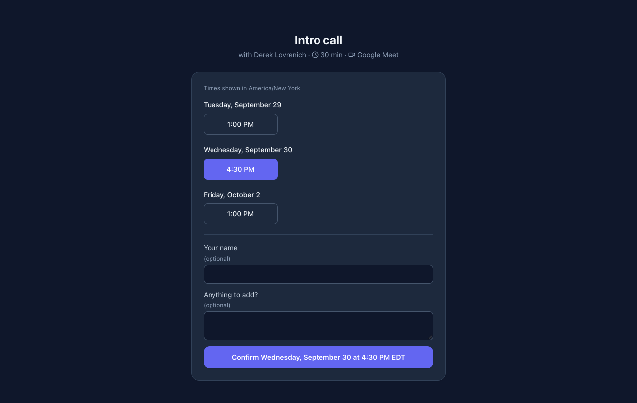 After choosing a time: optional name and note fields, and a confirm button