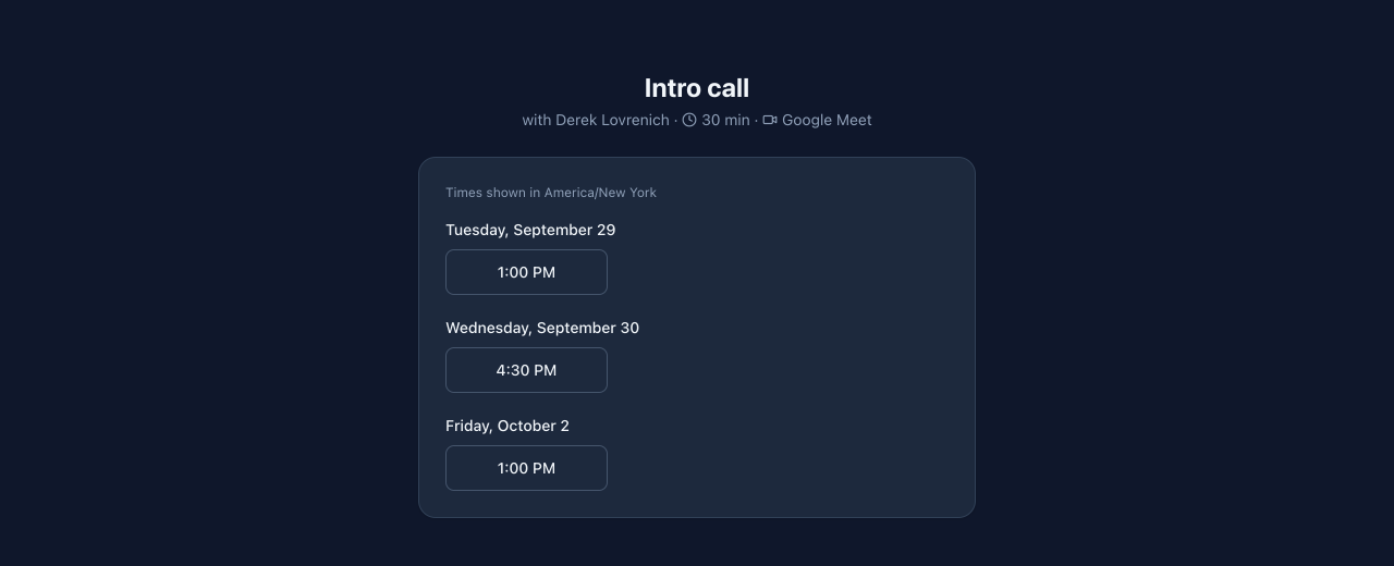 The pick page on a computer: Intro call, 30 minutes, with three offered times shown in America/New York